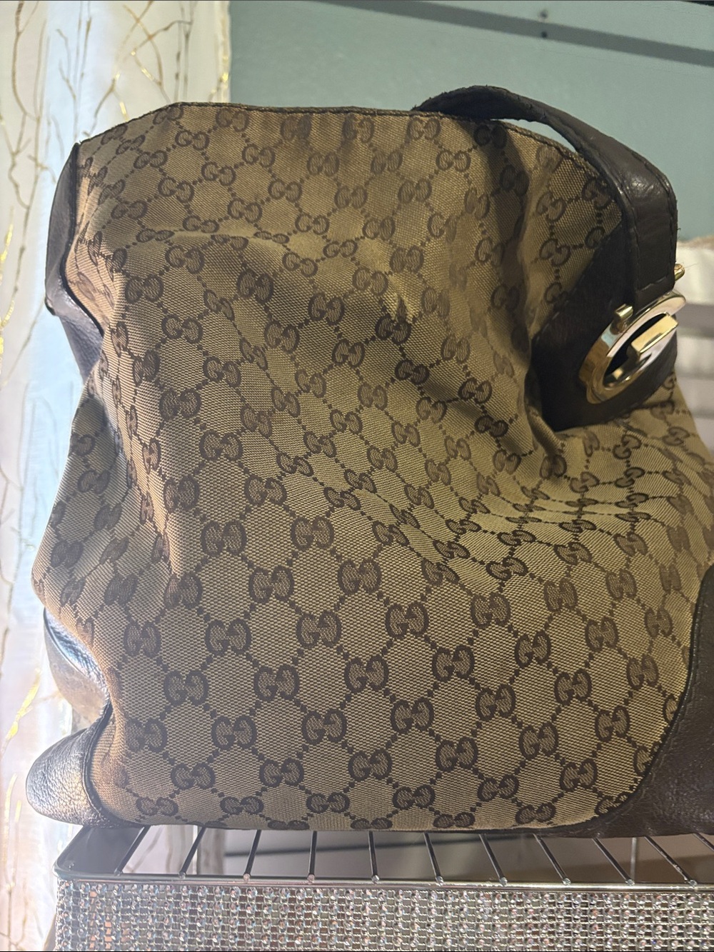 Gucci Brown GG Canvas Shoulder Bag with Dark Leather Trim vintage